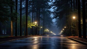 A wet, foggy street lined with trees and streetlights. photo