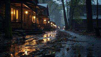 A wet, misty street lined with wooden cabins at dusk with warm lights illuminating the scene. photo