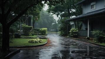 A wet, gray concrete street with rain falling and a house in the background, with green grass and trees surrounding. photo