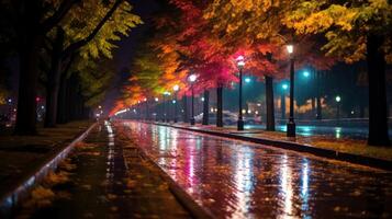 A wet, empty street with trees lit up at night.  The street is reflecting the lights of the streetlights, and the trees are lit up in a warm, autumnal light. photo