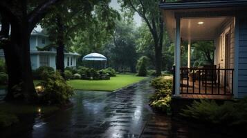 A wet, stone pathway leads to a covered porch on a rainy evening, illuminated by a porch light. photo