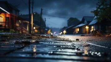 A wet, wooden sidewalk shines with reflections of the streetlights behind, which illuminate the houses along the street on a dark, cloudy night. photo