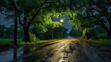 A wet, winding road through a forest at dusk, lit by a single streetlamp. photo