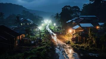A winding dirt road illuminated by streetlights cuts through a village in the jungle at night, with rain reflecting on the road surface. photo
