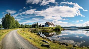 A white house with a red roof sits on a small peninsula, surrounded by green trees, grass, and a quiet lake. The clear blue sky is dotted with fluffy white clouds. A dirt path leads to the house. photo