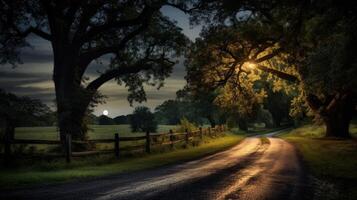 A winding dirt road leads through a forest with a full moon in the sky and a street lamp illuminating the path ahead. photo
