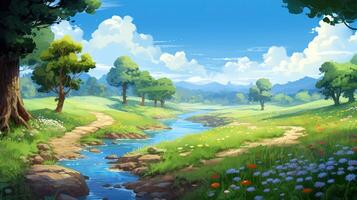 A winding path leads through a lush green meadow with a babbling brook, surrounded by trees and mountains in the distance under a clear blue sky with puffy clouds. photo