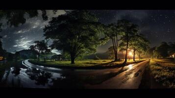 A winding road through a forest with a starlit sky. The road is wet from recent rain and reflects the sky and clouds. photo