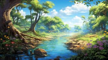 A winding creek in a lush forest with vibrant flowers, blue skies and fluffy clouds,  and sunlight filtering through the canopy. photo