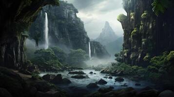 A winding river flows through a lush jungle, surrounded by towering cliffs and cascading waterfalls. photo