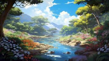 A winding river flows through a lush green forest, surrounded by colorful wildflowers and a bright blue sky. photo