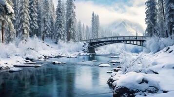 A wooden bridge arching over a crystal clear river in a snow-covered forest with tall pine trees. photo