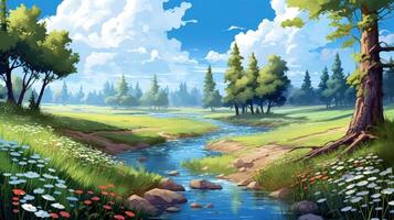 A winding stream flows through a lush green meadow, surrounded by trees and vibrant wildflowers. The sky is a bright blue with fluffy clouds, creating a serene and idyllic landscape. photo
