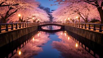 A wooden bridge over a canal with cherry blossoms reflected in the water. photo