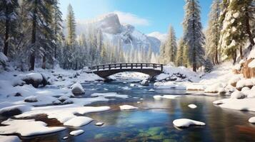A wooden bridge spanning a river in a snowy forest with a mountain in the background. photo
