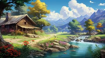 A wooden cabin sits on a grassy hill overlooking a rushing river with blue skies and mountains in the background. photo