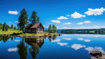 A wooden cabin sits on the edge of a tranquil lake, surrounded by lush greenery and a bright blue sky. The reflection of the clouds in the water creates a stunning mirror effect. photo