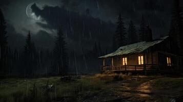 A wooden cabin with lit windows stands alone in a dark forest under a moonlit sky. Rain falls heavily. photo