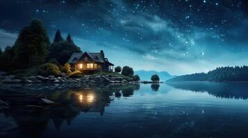 A wooden cabin with warm lights stands on a rocky shore by a calm lake under a starry night sky. photo