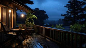A wooden deck with two chairs, a table and a light on, with a view of a forest and stars in the sky. photo