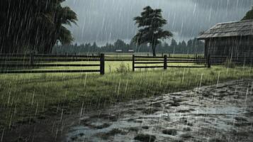 A wooden fence divides a grassy field and a flooded path with a barn on the right side as rain pours down. photo