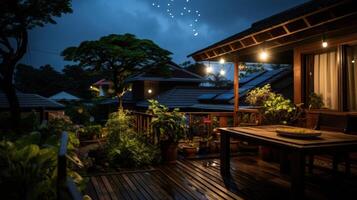 A wooden deck with a table and chairs, lit by string lights and surrounded by greenery, at dusk. photo