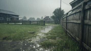 A wooden fence borders a flooded field with a small house in the distance, during a rainstorm. photo