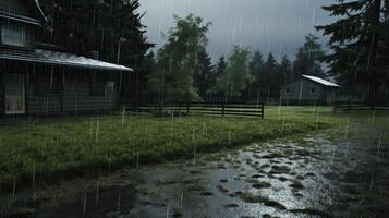 A wooden house with a small shed in the background in a lush green field with a fence and trees during a heavy downpour. photo
