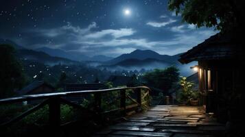 A wooden walkway leads to a cabin in a foggy mountain village at night with a full moon in the sky. photo