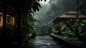 A wooden walkway leading to a small cabin in a lush rainforest, drenched in rain. photo