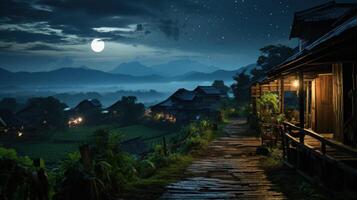 A wooden path lit by moonlight leads through a village nestled in a valley. photo