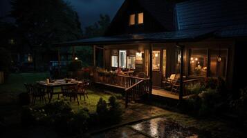 A wooden porch with a table and chairs, lit by lamps on a dark, rainy night. The porch is attached to a house with a wooden roof. There is grass and a puddle in the foreground. photo