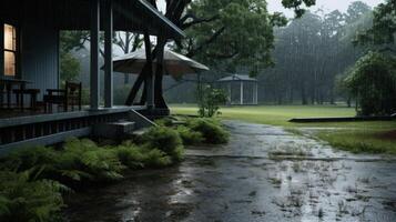 A wooden porch with two chairs on a rainy day. The porch is covered by a roof and there is a light shining from inside the house. photo