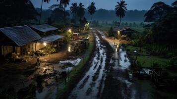 An aerial view of a dirt road leading through a jungle village at night. The road is wet and muddy, and the surrounding trees are silhouetted against the dark sky. There are small houses on either side of the road, and the lights from the houses illuminat photo