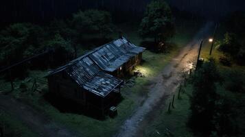 An old wooden house sits in a forest at night as rain falls. The only light comes from a streetlight illuminating the wet dirt road. photo