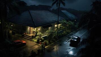 An aerial night view of a tropical home with two parked cars, lush foliage, and a palm tree on a wet, dark street. photo