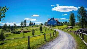 Blue house with a red roof, situated in a green meadow, with a dirt road leading away from it and a blue sky with white clouds. photo