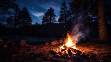 Campfire burning brightly in the forest at night with a starry sky overhead. photo