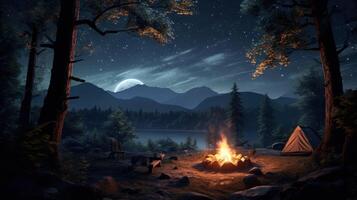 Campfire under a starry sky with a moon in the distance, beside a tent and a lake, near a mountain. photo