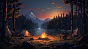 Campsite with a fire at night by a lake in a forest. photo