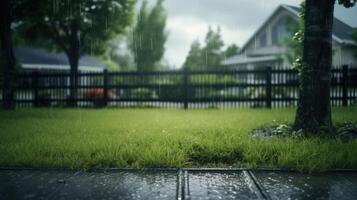 Close-up of wet grass and pavement in a backyard during a rainstorm. photo