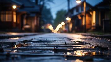 Closeup of a wet sidewalk at dusk with bokeh streetlights in the background. photo