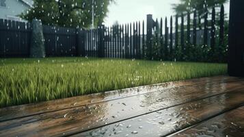 Closeup of a wooden deck with raindrops falling on it, green grass and a black fence in the background. photo