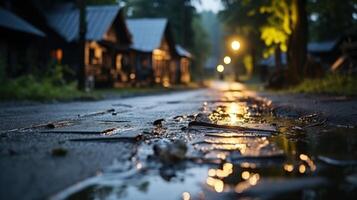 Close-up view of a puddle reflecting warm light from streetlamps in the distance, with out-of-focus wooden buildings and green trees on a dark and foggy night. photo