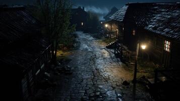 Cobblestone street through a dark medieval village with glowing lanterns at night. photo