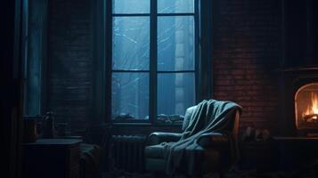 Cozy armchair with blanket near fireplace and window. photo