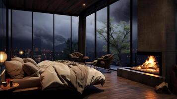 Cozy bedroom with a fireplace and a view of a city at night. photo