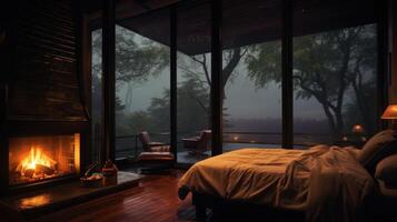 Cozy bedroom with a fireplace and a view of a foggy forest through large windows. photo