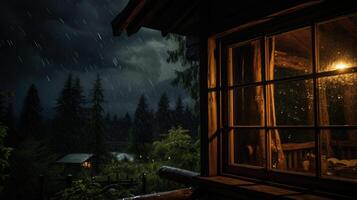 Cozy Cabin Window View of a Rainy Night in the Woods. photo