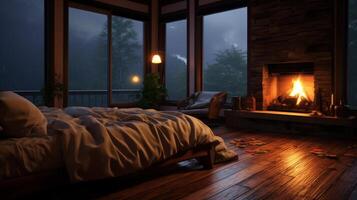 Cozy bedroom with a fireplace and a view of a rainy forest. photo